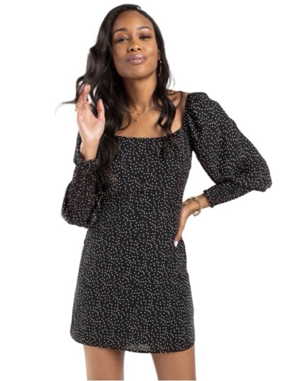 Black Polka Dot Square Neck Mini Dress